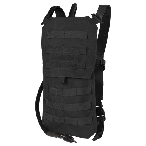 The Condor Oasis Hydration Carrier is a black tactical pack with MOLLE webbing and shoulder straps, designed to carry a water bladder and modular gear—ideal for law enforcement, EDC, range use, or field operations.