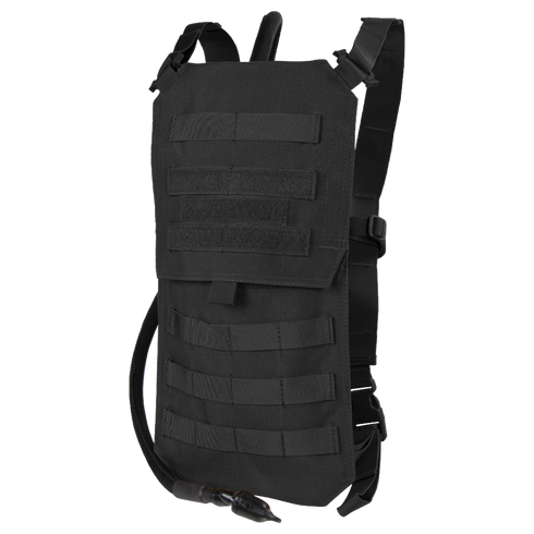 The Condor Oasis Hydration Carrier is a black tactical pack with MOLLE webbing and shoulder straps, designed to carry a water bladder and modular gear—ideal for law enforcement, EDC, range use, or field operations.