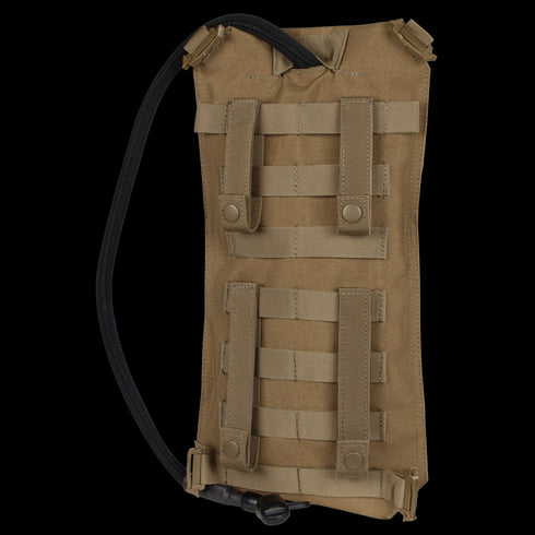 The Condor Oasis Hydration Carrier is a tan pack with MOLLE webbing and a black drinking hose, ideal for bushcraft or law enforcement EDC.