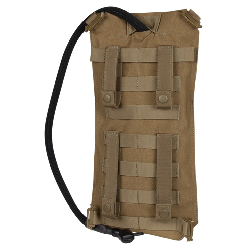 The Condor Oasis Hydration Carrier is a tan pack with MOLLE webbing and a black drinking hose, ideal for bushcraft or law enforcement EDC.
