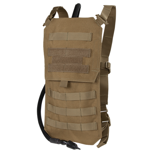 The Condor Oasis Hydration Carrier is a tan tactical pack with MOLLE webbing and a drinking hose, ideal for EDC or the range. Attach it to your gear or use as a backpack for versatile hydration on the go.