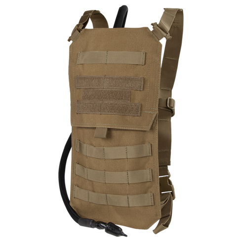 The Condor Oasis Hydration Carrier is a tan tactical pack with MOLLE webbing and a drinking hose, ideal for EDC or the range. Attach it to your gear or use as a backpack for versatile hydration on the go.