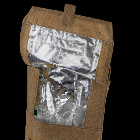 The Condor Oasis Hydration Carrier is a tan insulated pouch with a reflective silver thermal lining and hook-and-loop flap, designed for temperature-sensitive storage—ideal for military or first responder use.