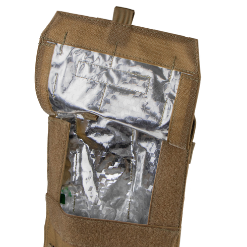 The Condor Oasis Hydration Carrier is a tan insulated pouch with a reflective silver thermal lining and hook-and-loop flap, designed for temperature-sensitive storage—ideal for military or first responder use.