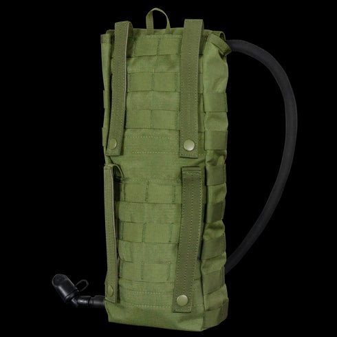 The Condor Hydration Carrier is a green tactical pack with MOLLE webbing, carry handle, and drinking tube with bite valve—ideal for EDC, law enforcement, or staying hydrated at the shooting range.