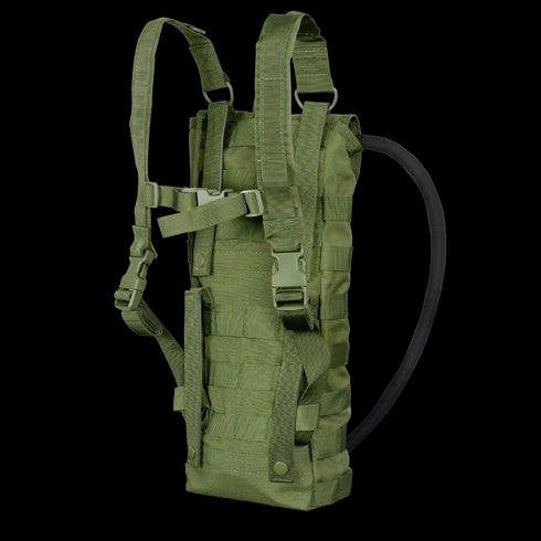 The Condor Hydration Carrier is an olive green tactical backpack with adjustable straps and a drinking tube, perfect for outdoor, military, or law enforcement use—ideal for staying hydrated on the shooting range.