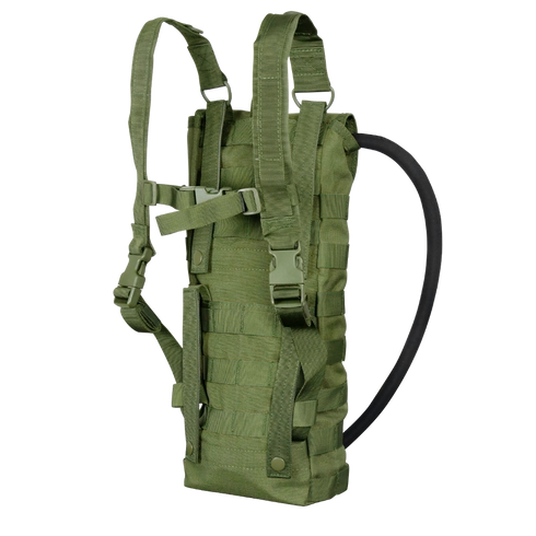 The Condor Hydration Carrier is an olive green tactical backpack with adjustable straps and a drinking tube, perfect for outdoor, military, or law enforcement use—ideal for staying hydrated on the shooting range.