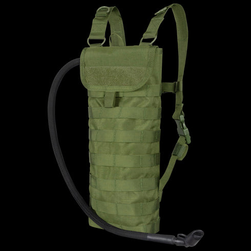The Condor Hydration Carrier in olive green features adjustable shoulder straps, a drinking tube, and front MOLLE webbing—ideal for EDC or trips to the shooting range.