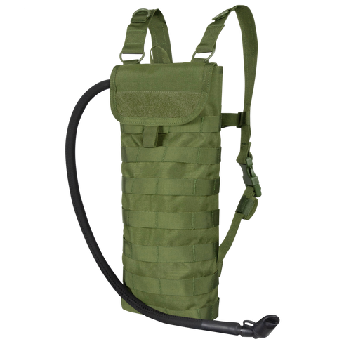 The Condor Hydration Carrier in olive green features adjustable shoulder straps, a drinking tube, and front MOLLE webbing—ideal for EDC or trips to the shooting range.
