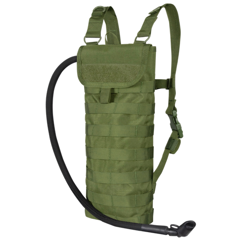 The Condor Hydration Carrier in olive green features adjustable shoulder straps, a drinking tube, and front MOLLE webbing—ideal for EDC or trips to the shooting range.