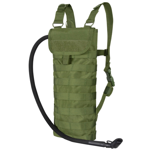The Condor Hydration Carrier in olive green features adjustable shoulder straps, a drinking tube, and front MOLLE webbing—ideal for EDC or trips to the shooting range.
