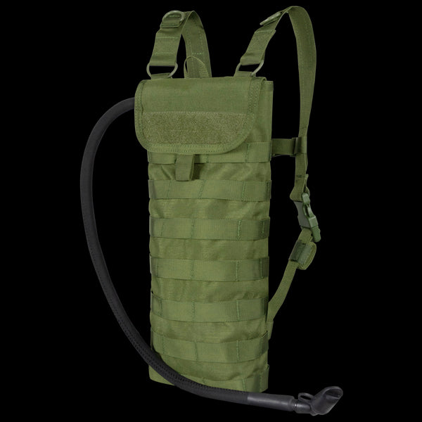 The Condor Hydration Carrier in olive green features adjustable shoulder straps, a drinking tube, and front MOLLE webbing—ideal for EDC or trips to the shooting range.