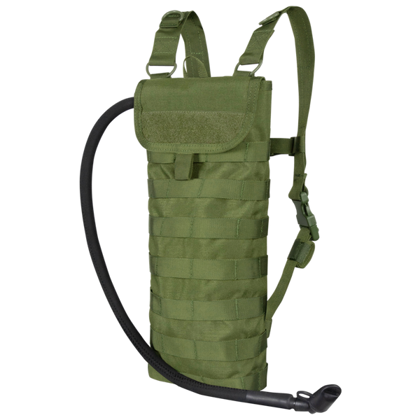 The Condor Hydration Carrier in olive green features adjustable shoulder straps, a drinking tube, and front MOLLE webbing—ideal for EDC or trips to the shooting range.