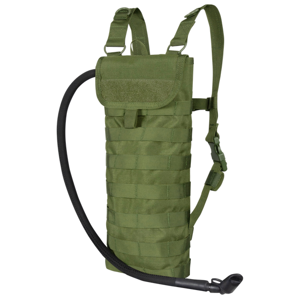 The Condor Hydration Carrier in olive green features adjustable shoulder straps, a drinking tube, and front MOLLE webbing—ideal for EDC or trips to the shooting range.