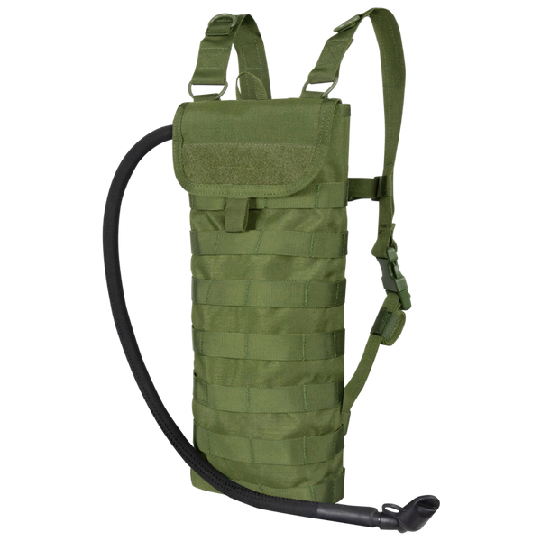 The Condor Hydration Carrier in olive green features adjustable shoulder straps, a drinking tube, and front MOLLE webbing—ideal for EDC or trips to the shooting range.