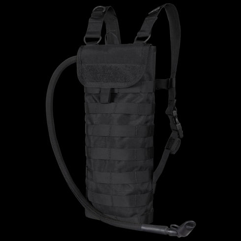 The Condor Hydration Carrier is a black tactical pack with adjustable shoulder straps, MOLLE webbing, and a side-mounted drinking tube—perfect for law enforcement or bushcraft enthusiasts who need reliable hydration on the move.