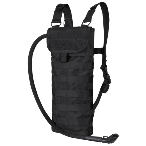 The Condor Hydration Carrier is a black tactical pack with adjustable shoulder straps, MOLLE webbing, and a side-mounted drinking tube—perfect for law enforcement or bushcraft enthusiasts who need reliable hydration on the move.