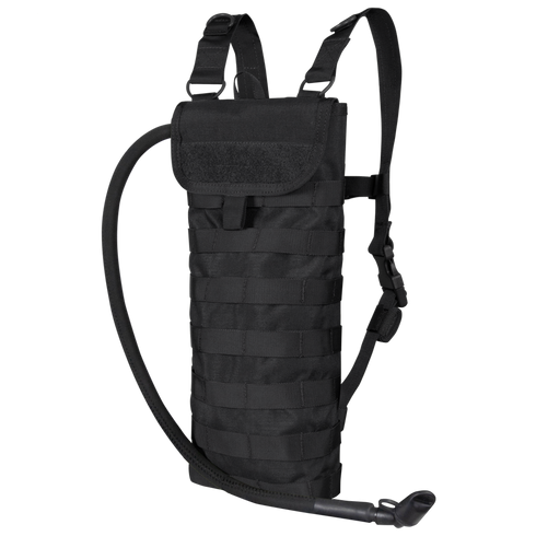 The Condor Hydration Carrier is a black tactical pack with adjustable shoulder straps, MOLLE webbing, and a side-mounted drinking tube—perfect for law enforcement or bushcraft enthusiasts who need reliable hydration on the move.