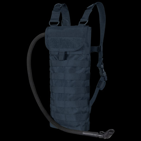 The Condor Hydration Carrier is a dark blue pack with shoulder straps, MOLLE webbing, and a bottom-corner drinking tube—perfect for everyday carry or the shooting range.