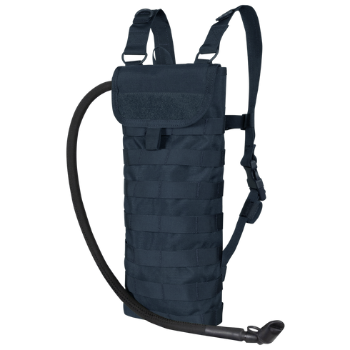 The Condor Hydration Carrier is a dark blue pack with shoulder straps, MOLLE webbing, and a bottom-corner drinking tube—perfect for everyday carry or the shooting range.