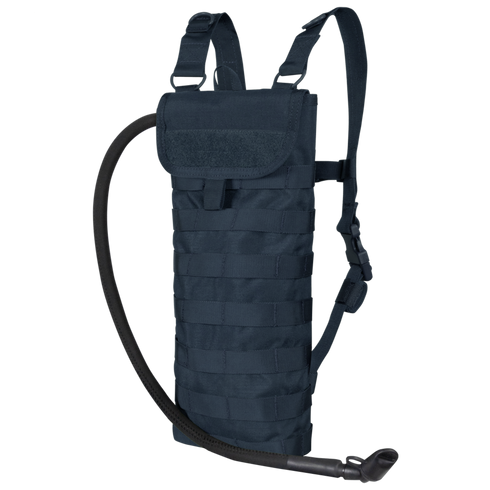 The Condor Hydration Carrier is a dark blue pack with shoulder straps, MOLLE webbing, and a bottom-corner drinking tube—perfect for everyday carry or the shooting range.