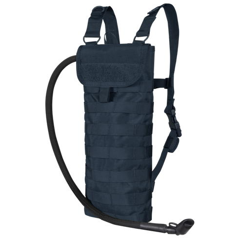 The Condor Hydration Carrier is a dark blue pack with shoulder straps, MOLLE webbing, and a bottom-corner drinking tube—perfect for everyday carry or the shooting range.