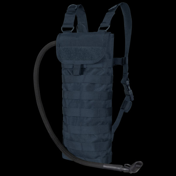 The Condor Hydration Carrier is a dark blue pack with shoulder straps, MOLLE webbing, and a bottom-corner drinking tube—perfect for everyday carry or the shooting range.