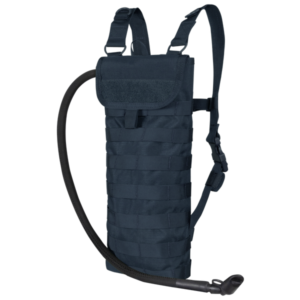 The Condor Hydration Carrier is a dark blue pack with shoulder straps, MOLLE webbing, and a bottom-corner drinking tube—perfect for everyday carry or the shooting range.