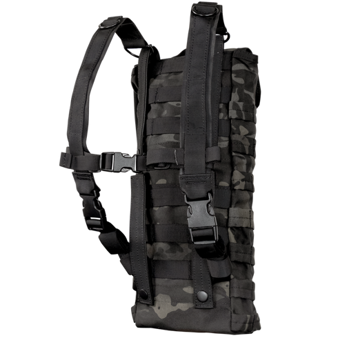 The Condor Hydration Carrier in MultiCam Black features adjustable shoulder straps and multiple buckles, displayed upright against a plain background.