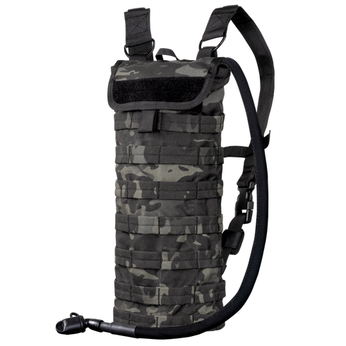 The Condor Hydration Carrier in MultiCam Black features a camouflage pattern, adjustable shoulder straps, and an attached drinking tube for convenient hydration on the go.