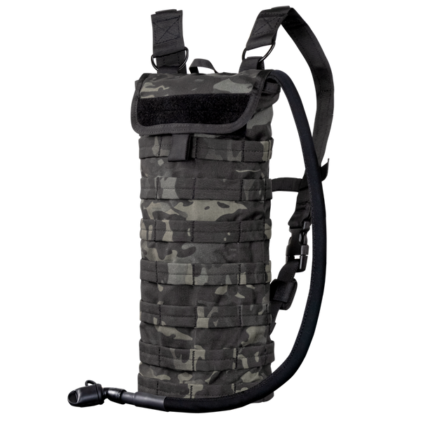 The Condor Hydration Carrier in MultiCam Black features a camouflage pattern, adjustable shoulder straps, and an attached drinking tube for convenient hydration on the go.