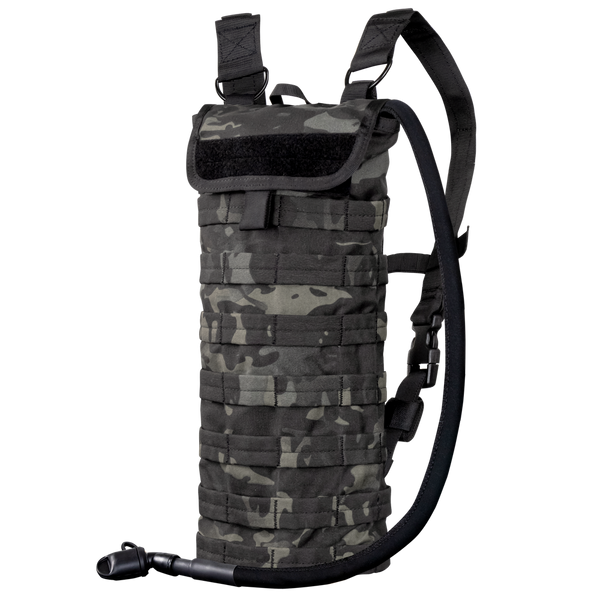The Condor Hydration Carrier in MultiCam Black features a camouflage pattern, adjustable shoulder straps, and an attached drinking tube for convenient hydration on the go.