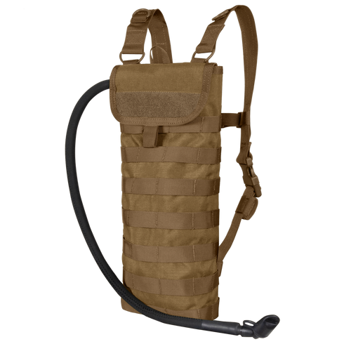 The Condor Hydration Carrier is a brown tactical pack with adjustable shoulder straps, a drinking tube, and front MOLLE webbing—perfect for EDC or shooting range use.