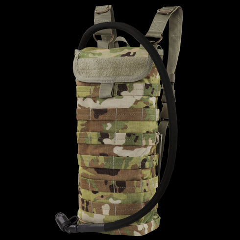 The Condor Hydration Carrier in Scorpion OCP features MOLLE webbing and a drinking tube, making it ideal for tactical or outdoor use.