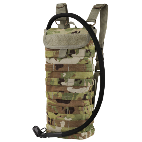 The Condor Hydration Carrier in Scorpion OCP features MOLLE webbing and a drinking tube, making it ideal for tactical or outdoor use.