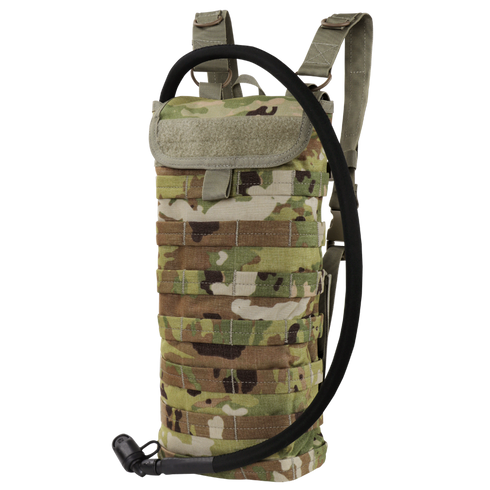 The Condor Hydration Carrier in Scorpion OCP features MOLLE webbing and a drinking tube, making it ideal for tactical or outdoor use.