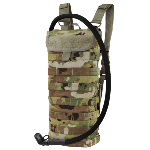 The Condor Hydration Carrier in Scorpion OCP features MOLLE webbing and a drinking tube, making it ideal for tactical or outdoor use.
