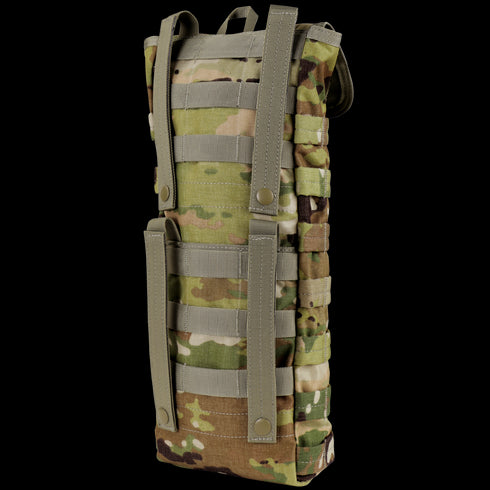 The Condor Hydration Carrier - Scorpion OCP is a camouflage-patterned pouch with MOLLE webbing and two vertical straps with snap buttons.