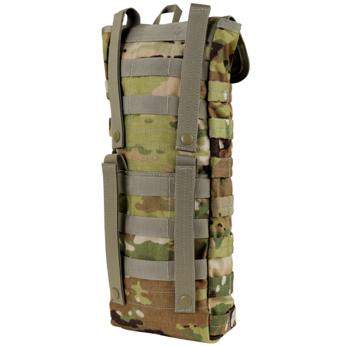 The Condor Hydration Carrier - Scorpion OCP is a camouflage-patterned pouch with MOLLE webbing and two vertical straps with snap buttons.