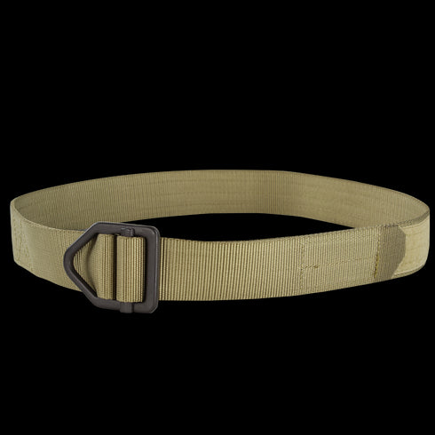 The Condor Instructors Belt is a tan nylon tactical belt featuring a black metal triangular buckle, shown on a plain background.