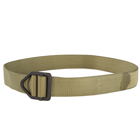 The Condor Instructors Belt is a tan nylon tactical belt featuring a black metal triangular buckle, shown on a plain background.
