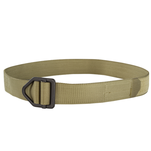 The Condor Instructors Belt is a tan nylon tactical belt featuring a black metal triangular buckle, shown on a plain background.