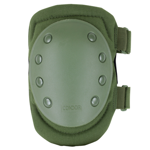 The Condor Knee Pads 1 feature an olive green color, a hard plastic shell, eight rivets, and two adjustable right-side straps for secure fit.
