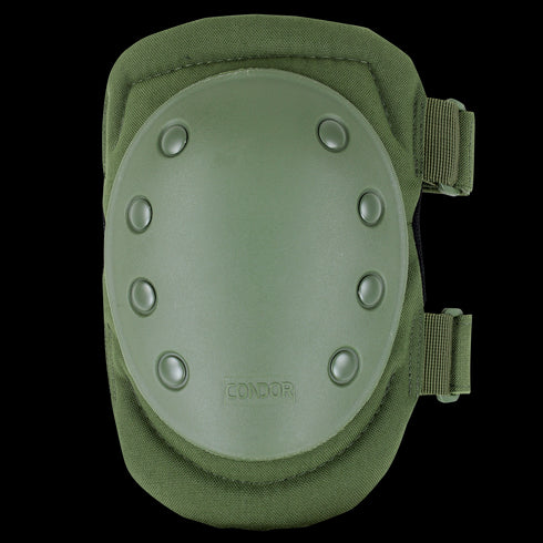 The Condor Knee Pads 1 in olive green feature a hard plastic shell, reinforced rivets, and adjustable side straps. Designed for EDC or law enforcement use, with the Condor logo embossed on the front.