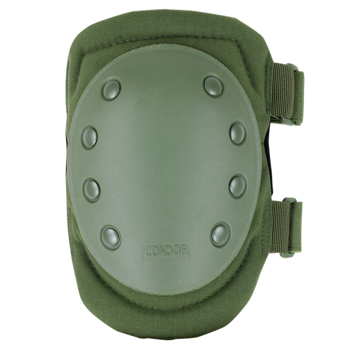 The Condor Knee Pads 1 in olive green feature a hard plastic shell, reinforced rivets, and adjustable side straps. Designed for EDC or law enforcement use, with the Condor logo embossed on the front.