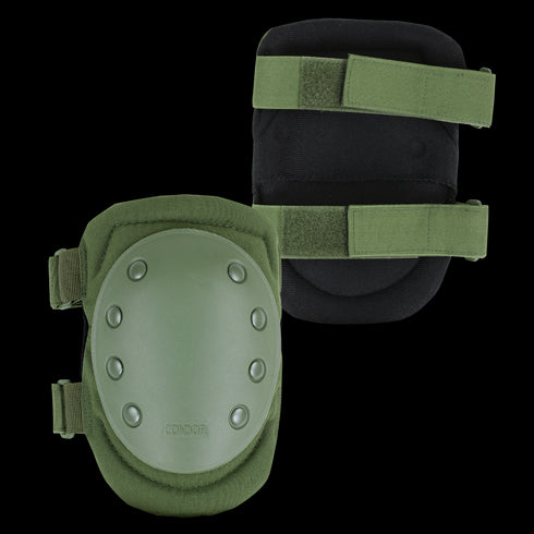 Condor Knee Pads 1 in olive green with black backing and adjustable Velcro straps, designed for shooting range or law enforcement protection. Image shows front and back of the pads.