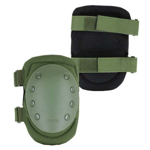 Two Condor Knee Pads 1 in green with hard outer shells and adjustable Velcro straps, displayed from front and back views.