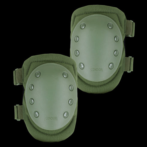 Condor Knee Pads 1: Olive green knee pads with hard plastic shells and adjustable straps—ideal for military use or bushcraft protection.