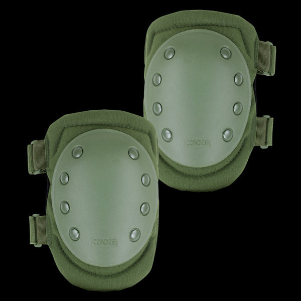 Condor Knee Pads 1: Olive green knee pads with hard plastic shells and adjustable strapsāideal for military use or bushcraft protection.