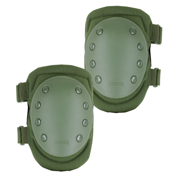 Condor Knee Pads 1: Olive green knee pads with hard plastic shells and adjustable straps—ideal for military use or bushcraft protection.